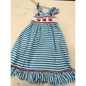 Castles & Crowns Girls Smocked Crab Dress Blue White Stripe Nautical Size 5